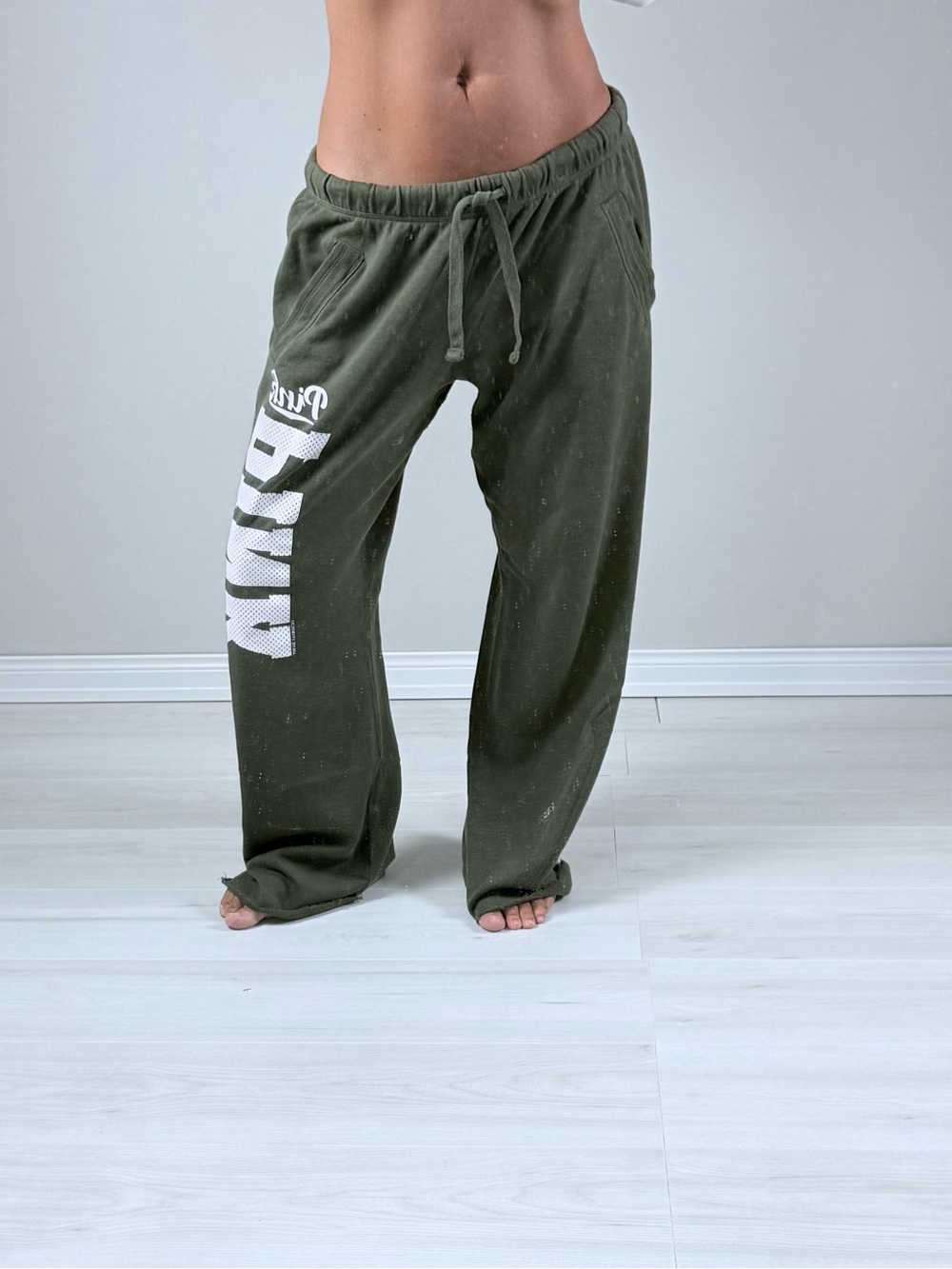 Y2K 2000s PINK Victoria's Secret Low RiseOlive Green Wide Leg Joggers